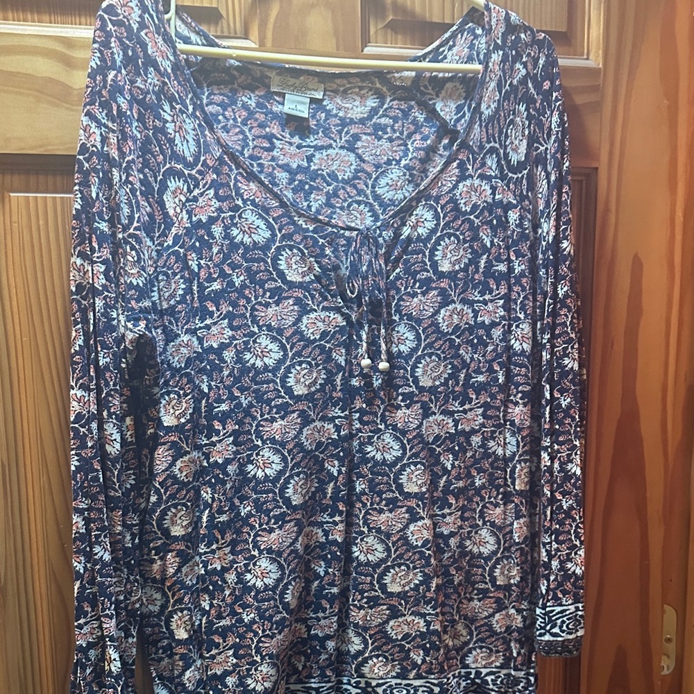 Lucky Brand Paisley Long Sleeve Top - Blue and Cream